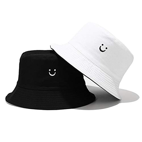 Umeepar Reversible Smile Face Embroidered Bucket Hat 2 in 1 Packable Beach Sun Hat for Women Men (UK Alpha One Size White/Black)