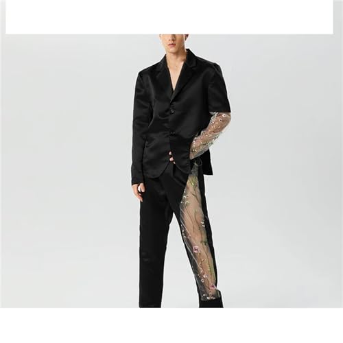 Men Embroidery Mesh Patchwork Lapel Long Sleeve Blazer & Pants 2PCS Set Stylish Men Casual Suits4