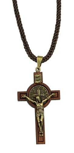 Catholica Shop Saint Benedict Wood Cross Cord Necklace for Men & Women - Cross Pendant, Travel, Favors for Special Occasions, Handcrafted in Brazil (Small)