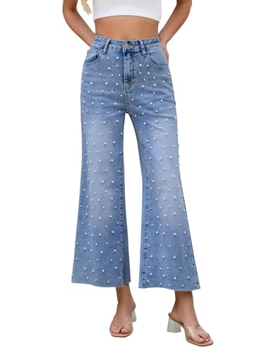 Kedera Womens Wide Leg Pearl Jeans High Waisted Cropped Denim Pants Casual Embellished Jeans with Raw Hem