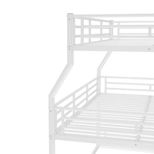 Image of Full Over Queen Over Queen Bunk Bed with Safety Guardrails, Modern Metal Triple Bed Frame for Kids, No Box Spring Required, White