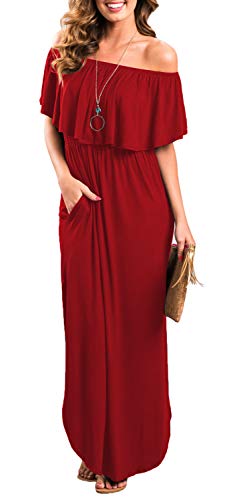 Image of Sarin Mathews Womens Off The Shoulder Ruffle Party Dress Casual Side Split Beach Long Maxi Dresses with Pockets
