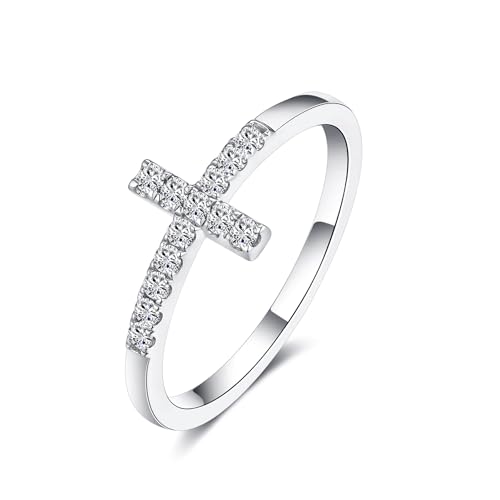 IMOLOVE Moissanite Wedding Bands for Women, Dainty 0.2 Carat Cross Purity Rings for Women Everyday Fashion Silver Moissanite Rings for Women with 18K White Gold Plated Size 4-11 - Main Image