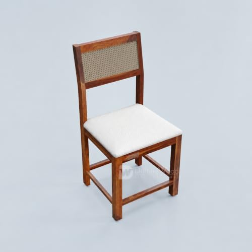 Image of DRIFTINGWOOD Amber Solid Sheesham Wood 6 Seater Dining Table Set with Rattan Back Chairs | White Rexine Upholstered Seating for Home & Dining Room (Honey Finish, DIY)