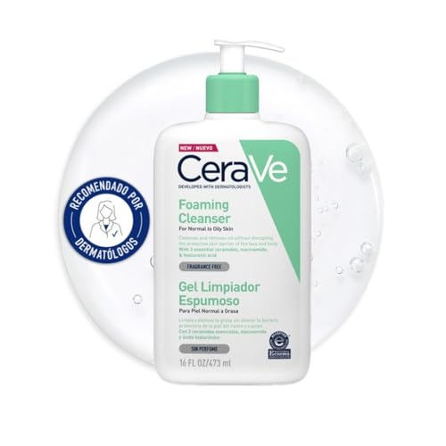 CeraVe Gel Limpiador Espumoso, Para Piel Normal a Grasa, Elimina el Exceso de Grasa y Suciedad, Enriquecido Con Ceramidas Esenciales, Niacinamida y Ácido Hialurónico, Apto para Rostro y Cuerpo, 473ml
