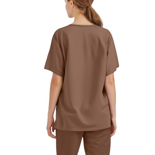 Image of FONMA Scrub Tops Women Plus Size Stretchy V-Neck Scrub Shirts with 4 Pockets Breathable Short Sleeve Nurse Uniforms