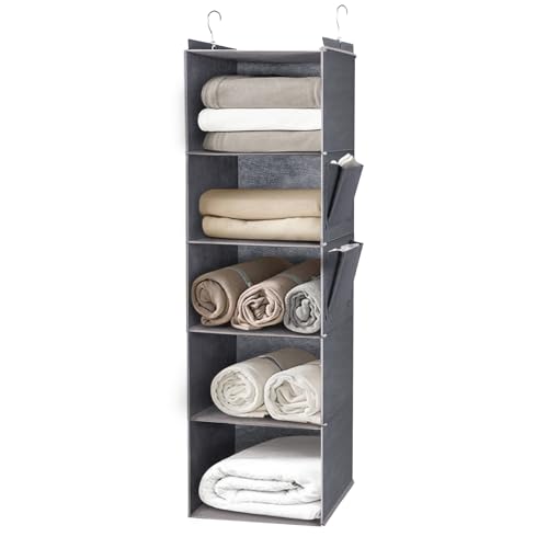 DPWEION Hanging Storage Shelves with 5 Shelves Foldable Hanging Wardrobe Closet Organiser Unit with 2 Side Pockets for Clothes Accessories for Bedroom (Grey)