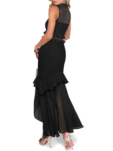 Aisbei Women's Elegant Bodycon Maxi Dress Mock Neck Sleeveless Mesh Ruffle Dress Party Cocktail Formal Wedding Guest Dresses3