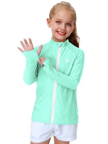 Image of Girl Zip Up Rash Guard Boys Long Sleeve Swim Shirts SPF 50 Uv Protection Sun Shirt with Thumb Holes Mint 3-4 Years