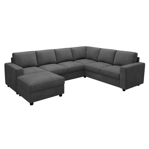 Image of HONBAY 7 Seaters U Shape Corduroy Sectional Sofa for Living Room, Dark Grey | 7 Seaters Sofa with Storage,U Shaped Sofa,Removable Covers