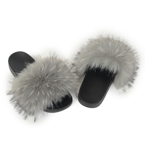Image of Women's Faux Fur Slides Slippers Fluffy Fuzzy Sandals Open Toe Furry Slide Flip Flop Indoor Outdoor