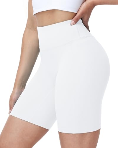 WISMBOX Womens High Waisted Yoga Shorts Cycling Biker Shorts - Squat Proof Tummy Control Gym Workout Running Sports Ladies White