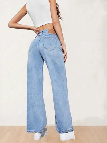 Image of KOTTY Women's High Waist Wide Leg Button Coin Pocket Straight Fit Jeans Stylish Regular to Plus Size Fit Denim Jeans for Women