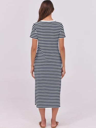 Image of ANRABESS Womens Midi Dress,Summer Long Tshirts Dresses,Short Sleeve Split Stripe,Comfy Travel Beach Vacation Casual Wear