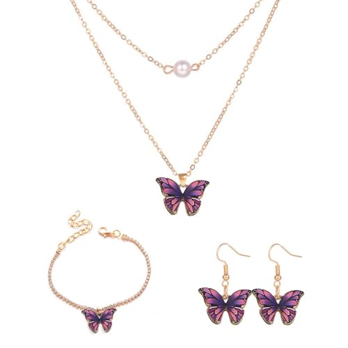 FDEETY 3PCS Ensemble de Bijoux pour Femme Fille Pendentif Perles Papillon Élégante Réglable Collier Bracelet Boucles d'Oreilles Parure de Bijoux Fête...