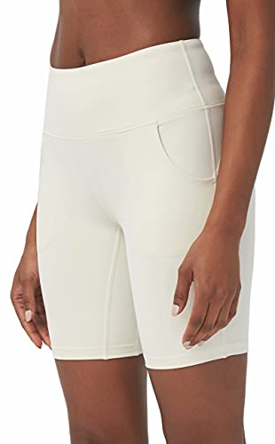 Lulucheri Damen Yoga Shorts Hosen Hohe Taille Fitness Leggings Kurze Sporthosen Mit Taschen (S, Elfenbein) Cover