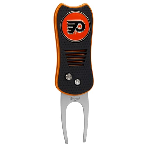 Team Golf NHL Philadelphia Flyers Retractable Divot Tool with Double-Sided Magnetic Ball Marker, Features Patented Single Prong Design, Causes Less Damage to Greens