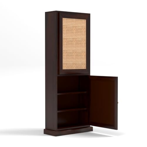 Image of Sheesham Wood Foldable Study Table with Bookshelf & Storage Cabinet | Cane Panel Writing Desk (Walnut Finish)