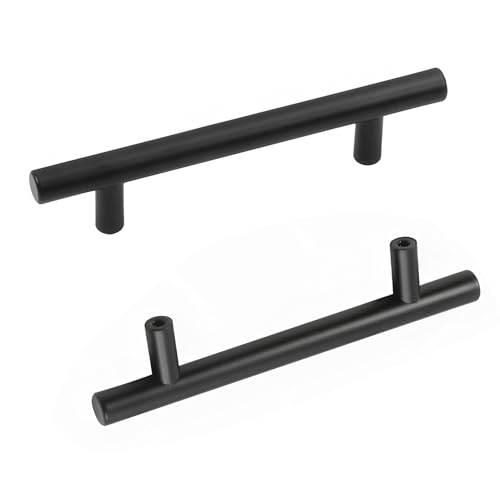 2 Pcs Black Kitchen Cupboard Handles – 96mm Hole Centre T Bar Kitchen Door Handles – Brushed Stainless Steel Cabinet Handle for Cupboards Drawers Wardrobes
