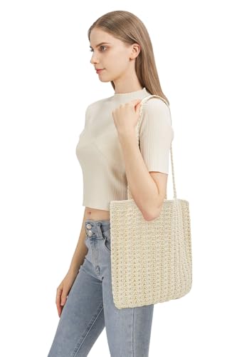 Image of TeeYee Boho Crochet Summer Handbag Handmade Cotton Rope Knit Shoulder Bags for Women Bohemia Tote for Travel
