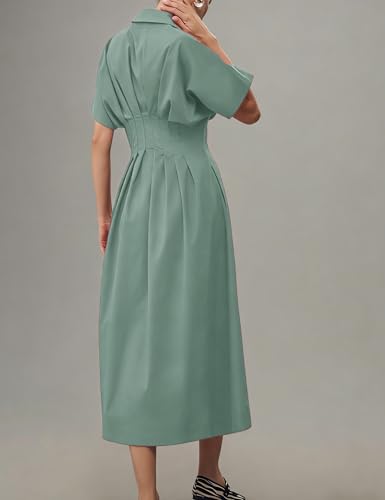 Image of Yeokou Shirt Dress for Women Summer Casual Short Sleeve Button Down Loose Pleated Maxi Sundress with Pockets