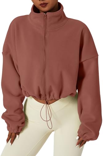QINSEN Thick Fleece Sweatshirt Full Zip Stand Collar Winter Crop Coat Long Sleeve Bomber Baggy Jacket Bake Clay S Auburn