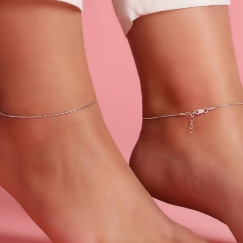 Image of ZAVYA 925 Sterling Silver Modest Minimal Rhodium Plating Anklet (Pair) | Gift for Women & Girls | With Certificate of Authenticity & 925 Stamp|Mother's Day