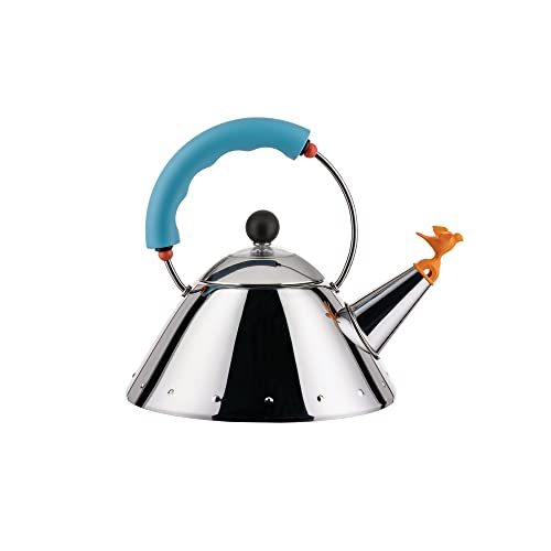 Alessi Kettle 9093/1 LAZ - Wasserkessel mit Magnetboden aus Edelstahl 18/10 Glänzend Poliert, für Induktionsherde Geeignet, mit Griff und Vogelförmiger Flöte aus PA, Hellblau
