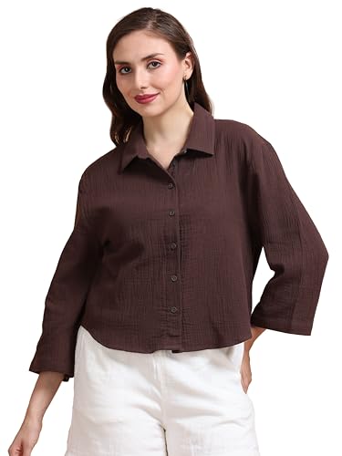 Image of Glam & Chique Women's 100% Cotton Crinkled Textured Shirt-XS-2XL
