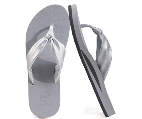 KuaiLu Womens Flip Flops Comfort Arch Support Yoga Mat Cushion Orthotic Thong Sandals Fashion Leather Slip On Summer Beach Walking Slides Outdoor Plantar Fasciitis Recovery Shoes Grey 7