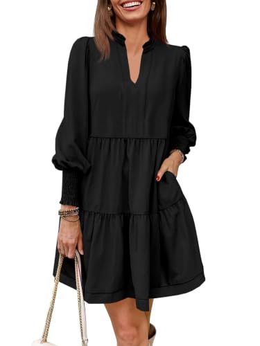 Image of Imily Bela Womens Fall Long Sleeve Tunic Dress Casual V Neck Tiered Dress | Loose,Swing,A-Line,Ruffled Collar,Puff Balloon Sleeve,Smocked Elastic Cuffs,Tiered Layered Ruffle Hem,Babydoll,Loose,Mini