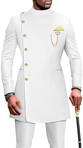 African Suits for Men Single Breasted Blazer and Pants 2 Piece Set Dashiki Outfits Ankara Attire for Wedding White Small