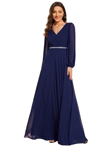 Ever-Pretty Women's Formal A Line Maxi Dresses Evening Party Elegant V-Neck Dresses for Wedding Guest Navy Blue US10