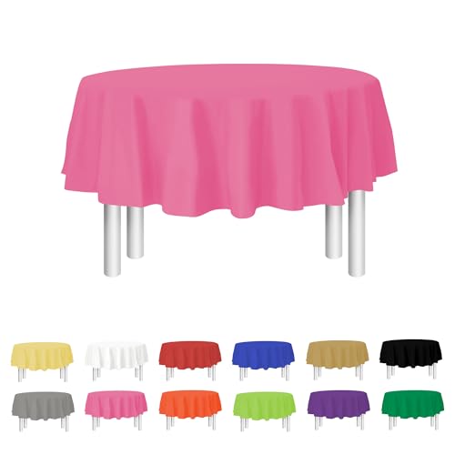 Pink Disposable Plastic Tablecloth for Round Tables (12 Pack) 84 inches Table Cloths for Parties, Events & Weddings, Indoors & Outdoors, Plastic Table Cover