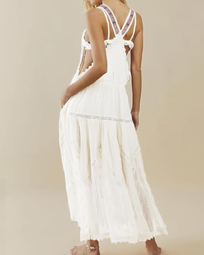 Image of ebossy Women's Laced Embroidered Tulle Bib Dress Casual Loose Adjustable Straps Maxi Dress