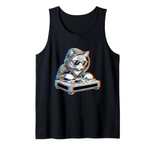 Gatto Dj Occhiali da Sole Illusione Ottica EDM Psichedelico Canotta