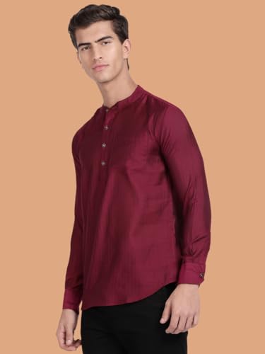 Image of KRYPTIC Men's Full Sleeve Regular Fit Short Kurta in Premium Pure Cotton with Patch Pocket and Mandarin Collar - Perfect Blend of Style and Comfort