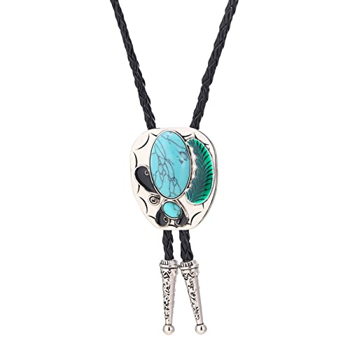 Cravate Pendentif Plume Turquoise en Cuir Tressé Style Western