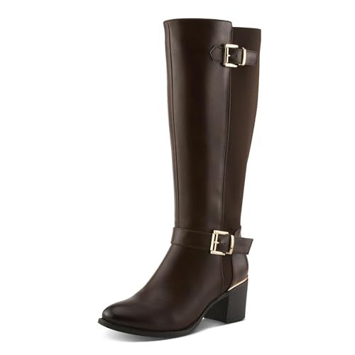 PATRIZIA KATERINA Women’s Tall Block Heel Boot – Faux Leather Knee-High with Gold Buckle Detail