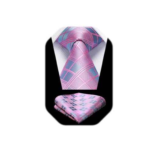 HISDERN Pink Ties for Men Plaid Mens Ties with Pocket Square Set Formal Pink Pale Mens Blush Ties Handkerchiefs Checkered Silk Satin Neckties Business Wedding