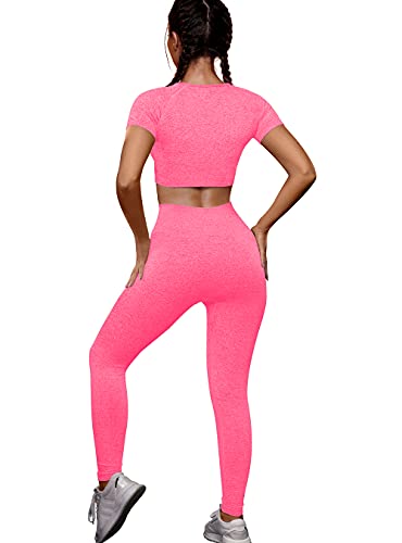 Oys Womens Yoga 2 Pieces Workout Outfits Seamless High Waist Leggings Sports Crop Top Running Sets Rose #TOP1