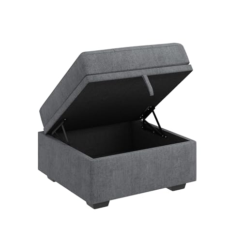 Image of HONBAY Small Storage Ottoman Upholstered Square Bench Ottoman for Living Room,Chenille Bluish Grey