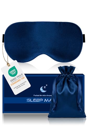 Aosun Schlafmaske Seide für Seitenschläfer 100% Bio Maulbeerseide 100% Lichtblockierende Schlafbrille mit Verstellbarem Band für Frauen & Herren & Kinder Kompakt Schlaf Augenmaske für Reise Gadget