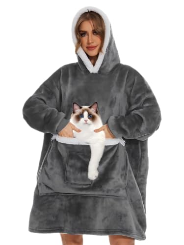 Wearable Blanket Hoodie with Giant Pocket, Soft Warm Sherpa Fleece Oversized Blanket Sweatshirt Gifts for Women Men