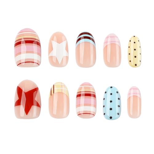 Image of Almond Press on nails Polka Dot Fake Nails Colorful Stripe Nails Press ons | French Tip False Nails with Star Design Glossy Full Cover nails French Tip Stick on Nails for Women Manicure 24Pcs