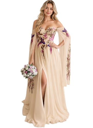 SYTSL Boho Wedding Dress for Bride Champagne Off-The-Shoulder Bridal Dresses