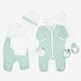 kit prima infanzia Contenuto della confezione: kit di 7 pezzi completo per vestire il bambino alla nascita: pigiama, body, pantaloni, berretto, scarpine, muffole e borsa portaoggetti