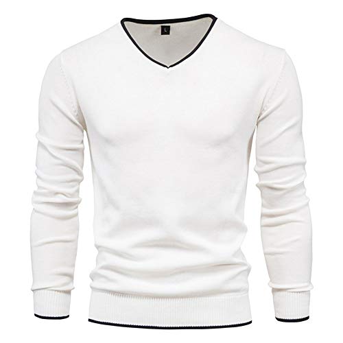 Men's Cotton V Neck Sweater Knitted Jumper Sweater Long Sleeve Pullover Top White
