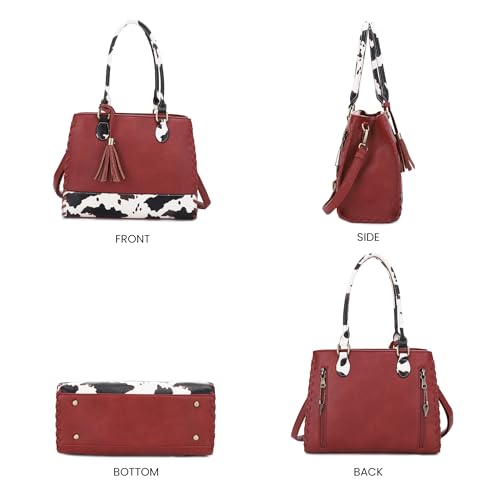 Image of JESSIE & JAMES Montana Whipstitching Cow Print Top Handle Satchel Purse with Adjustable Shoulder Strap
