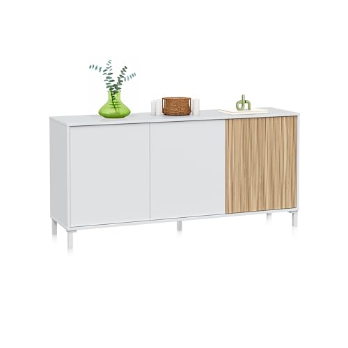duehome | Aparador de 3 Puertas Reversibles, Almacenaje Extra, Modelo Nitza, Acabado en Blanco Artik y Natur, Medidas: 154 cm (Largo) x 40 cm (Fondo) x 74 cm (Alto)